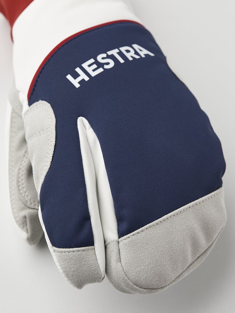 Blue and red fabric three finger glove with gray synthetic suede palm  (3 of 5)