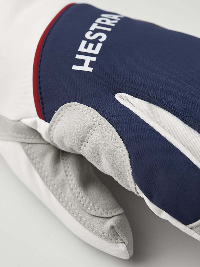 Blue and red fabric three finger glove with gray synthetic suede palm  (4 of 5)