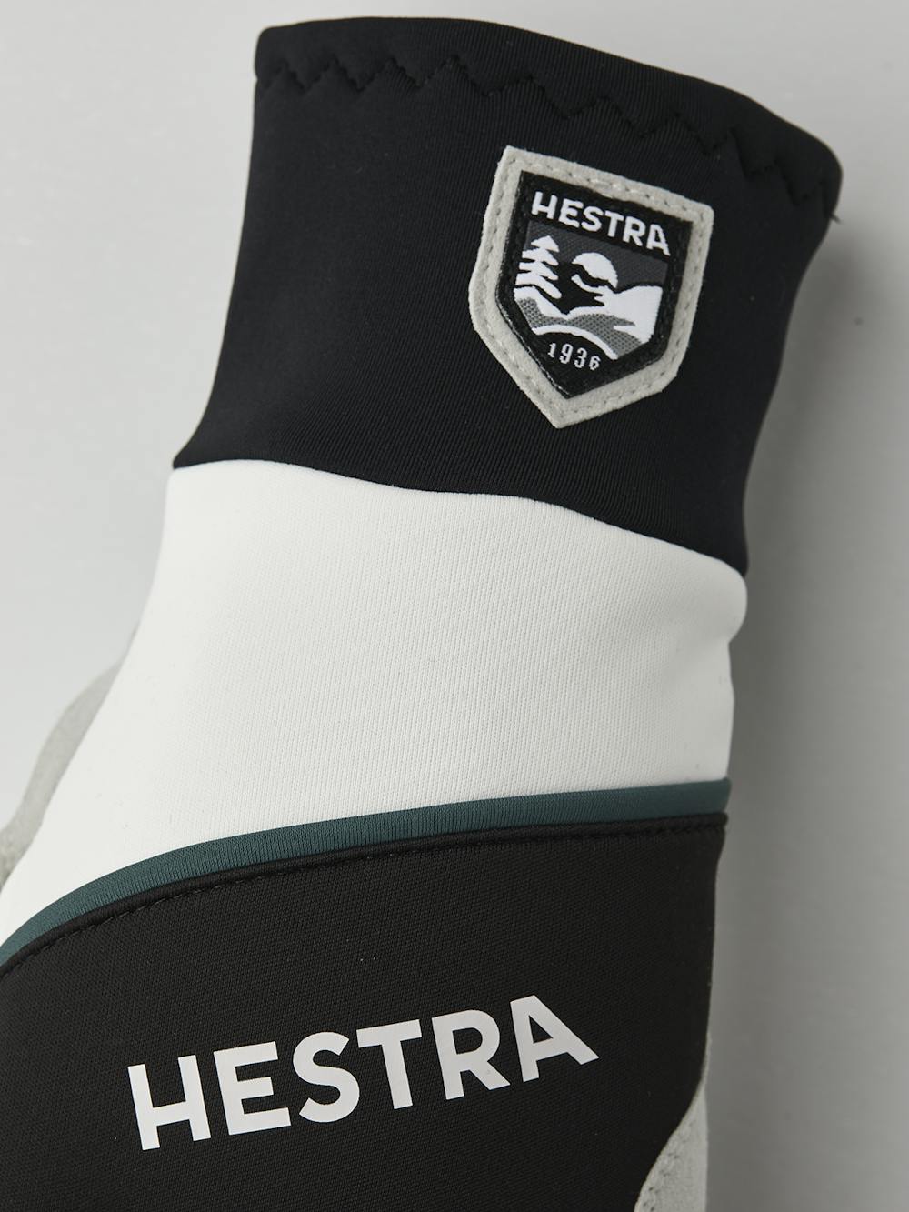 Black and white fabric three finger glove with gray synthetic suede palm (2 of 5)