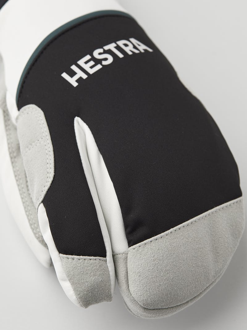 Black and white fabric three finger glove with gray synthetic suede palm (3 of 5)