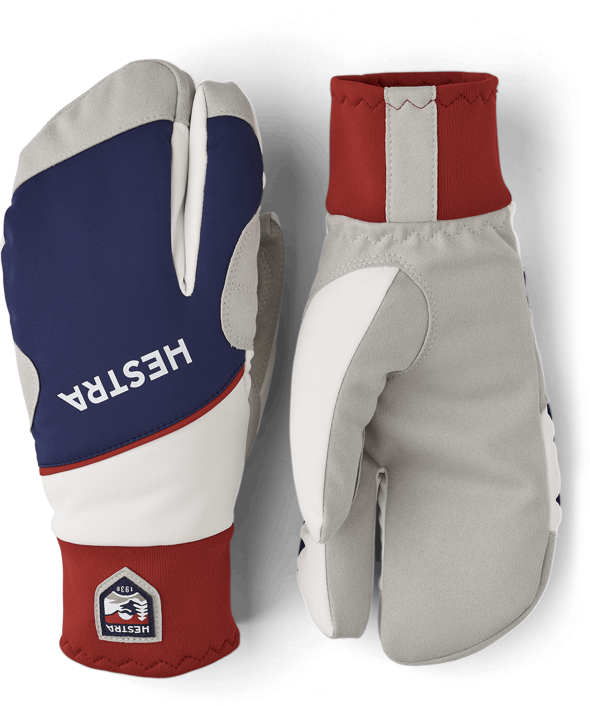 Blå och röd trefingershandske i tyg med grå innerhand i syntetisk mocka
(1 av 5)