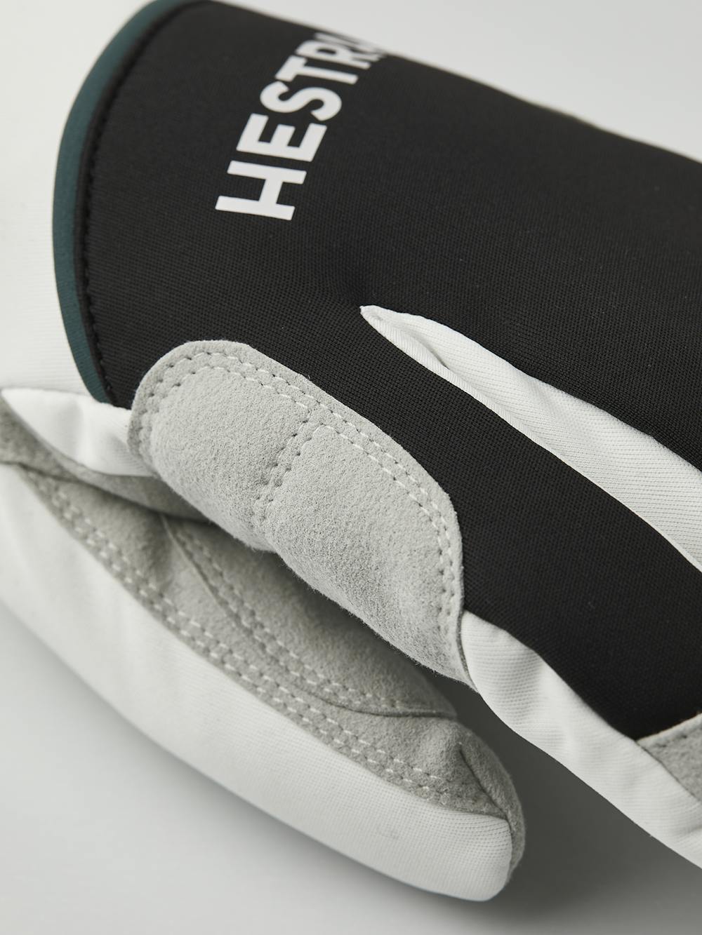 Black and white fabric three finger glove with gray synthetic suede palm (4 of 5)