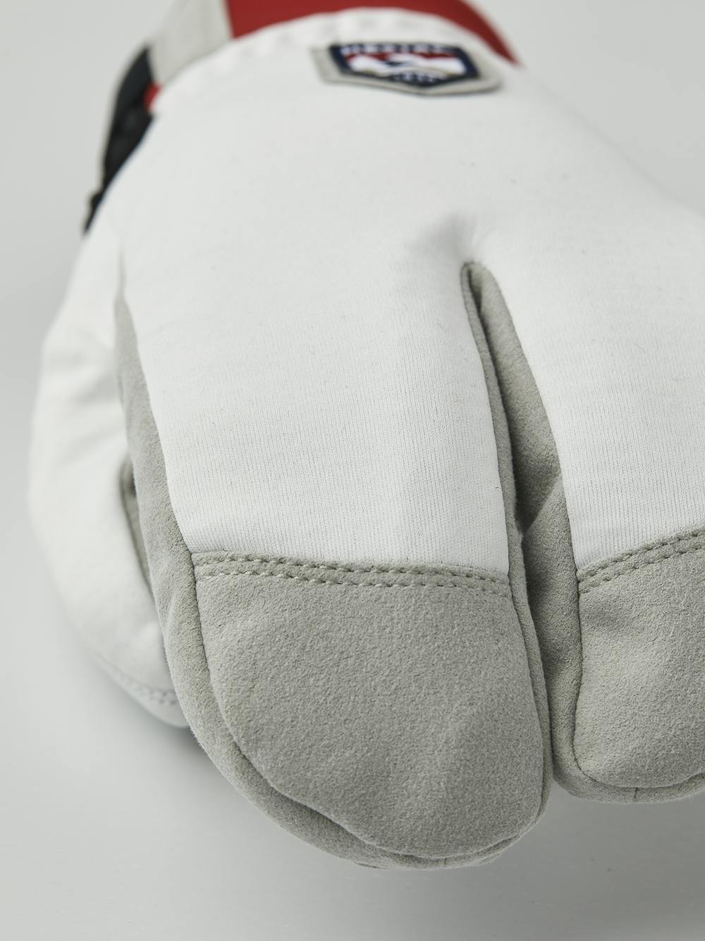 White and red fabric lobster glove with gray synthetic suede palm (3 of 5)