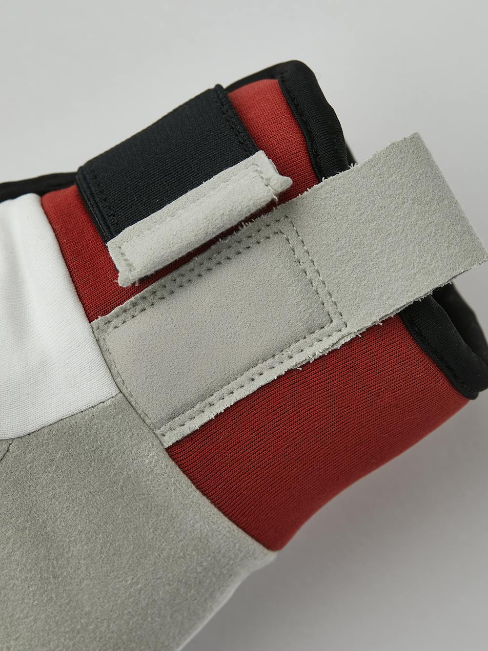 White and red fabric lobster glove with gray synthetic suede palm (2 of 5)