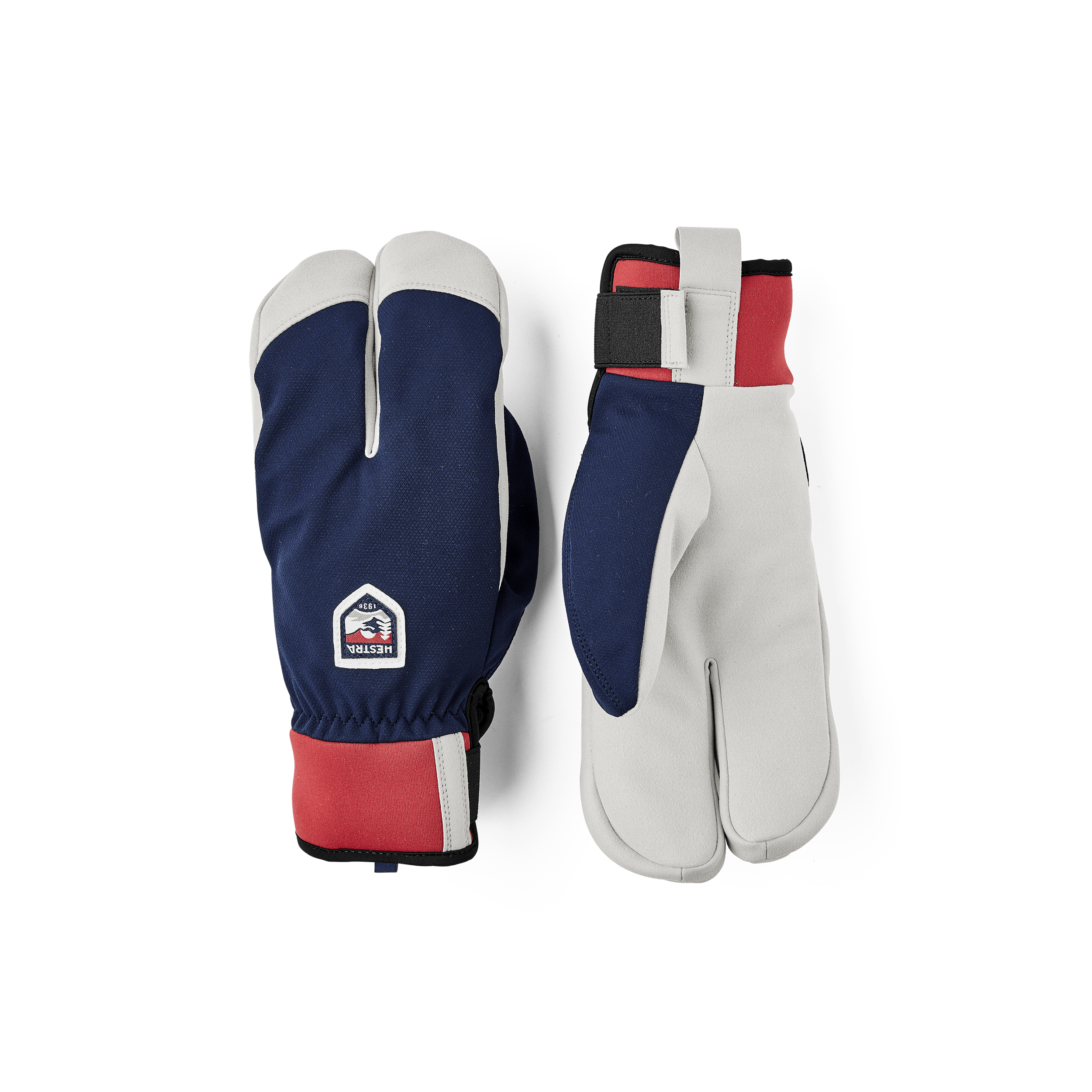 Dark blue and red fabric lobster glove with gray synthetic suede palm (1 of 5)