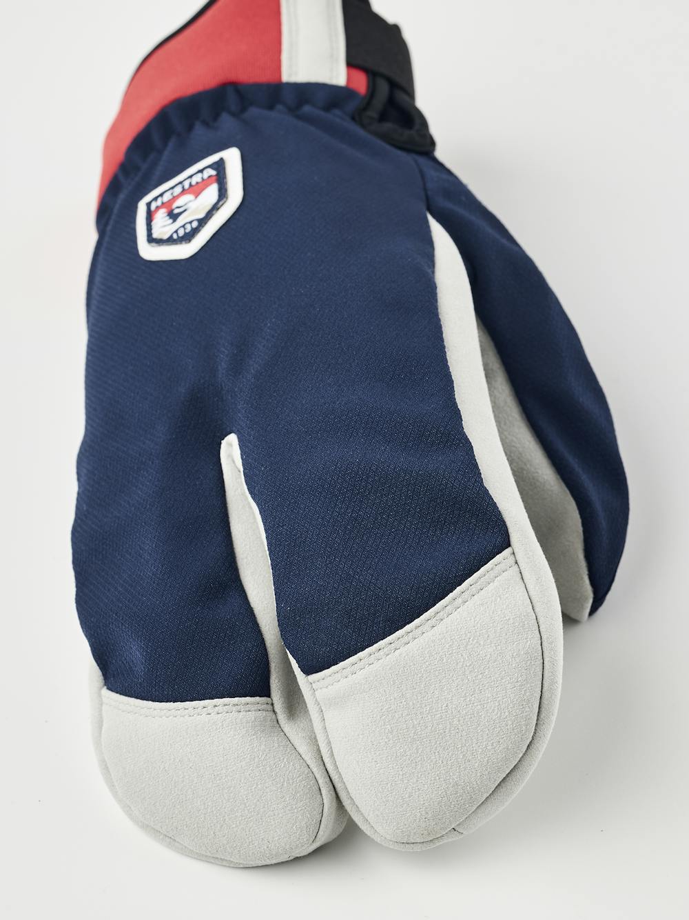 Dark blue and red fabric lobster glove with gray synthetic suede palm (2 of 5)