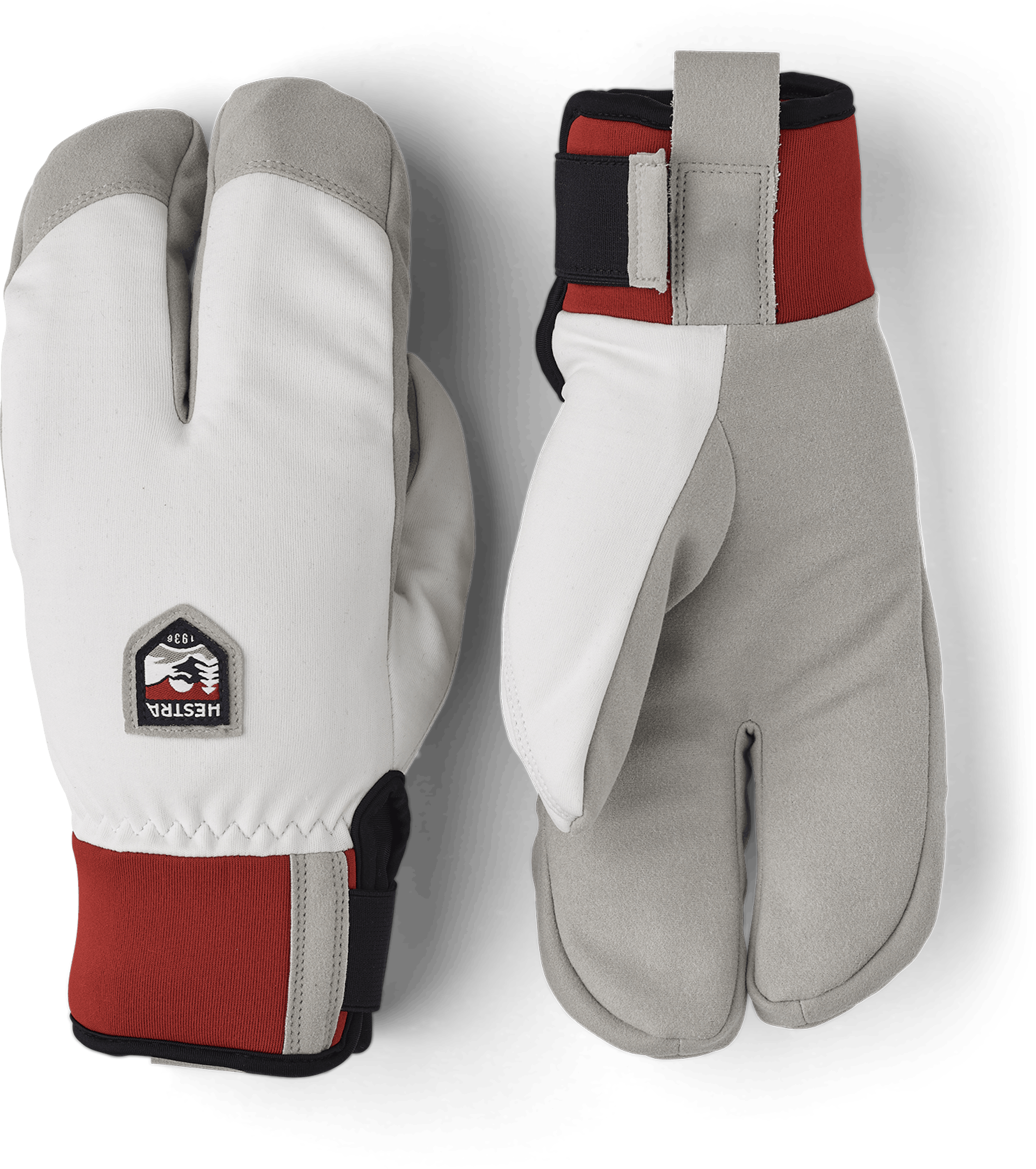 White and red fabric lobster glove with gray synthetic suede palm (1 of 5)