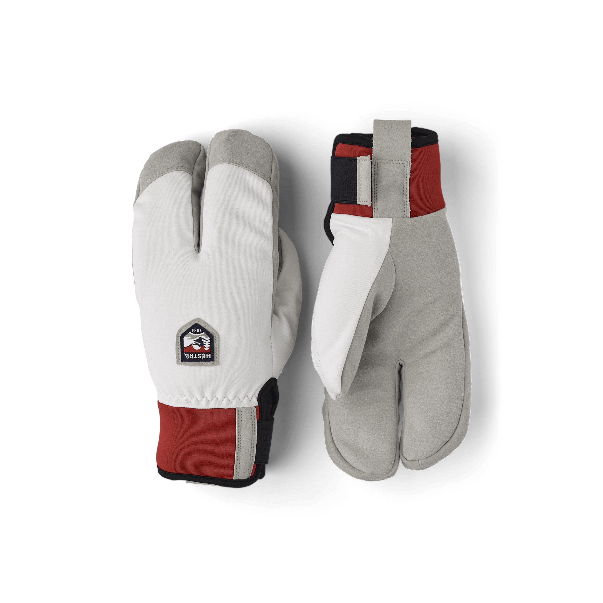 White and red fabric lobster glove with gray synthetic suede palm (1 of 5)