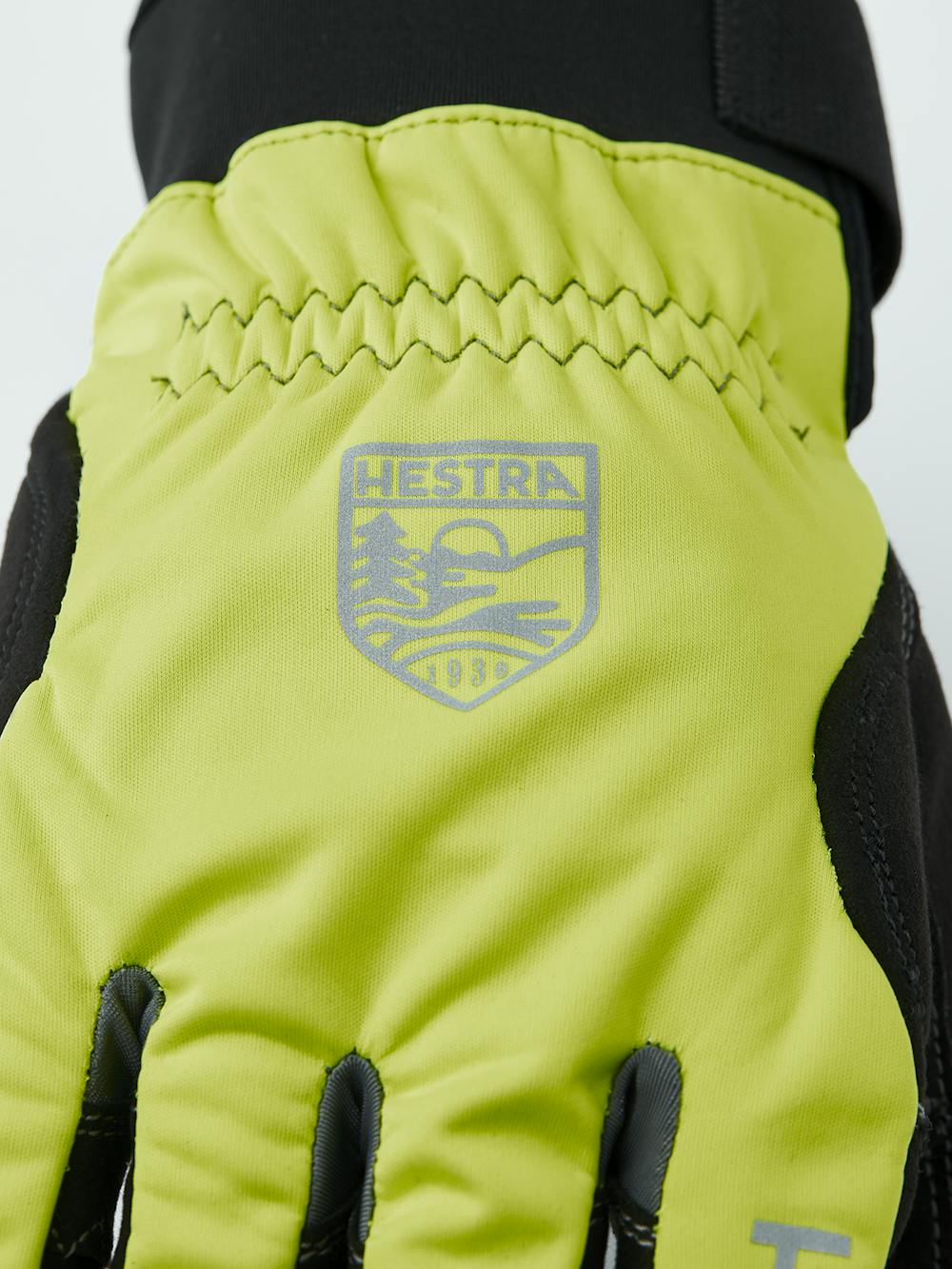 Green-yellow fabric cycling glove with black synthetic suede palm and touch function (3 of 7)