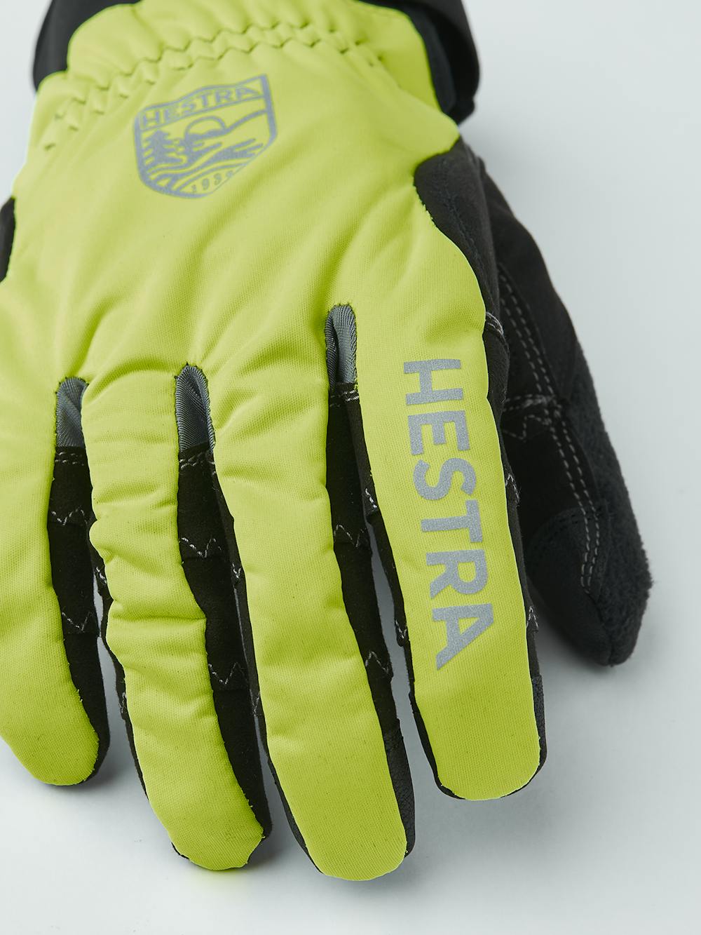 Green-yellow fabric cycling glove with black synthetic suede palm and touch function (4 of 7)