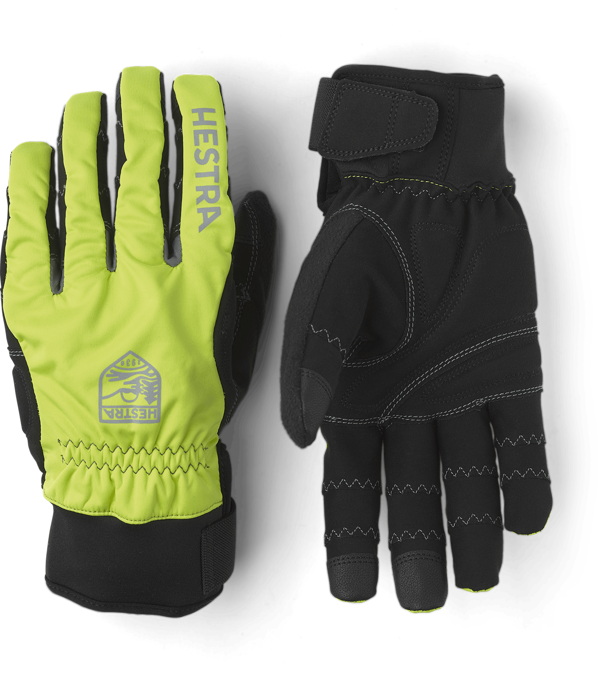 Green-yellow fabric cycling glove with black synthetic suede palm and touch function (1 of 7)