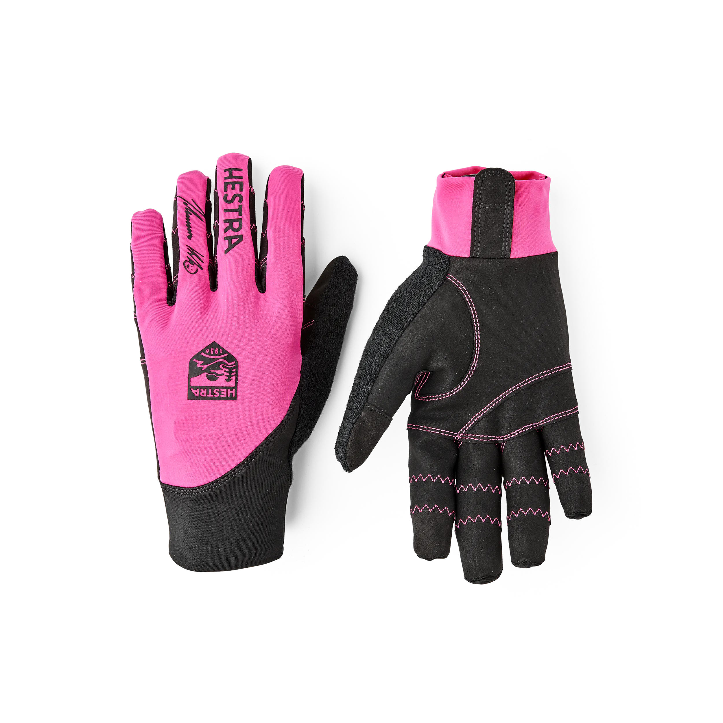Pink and black cycling glove with lycra back and black synthetic suede palm (1 of 5)