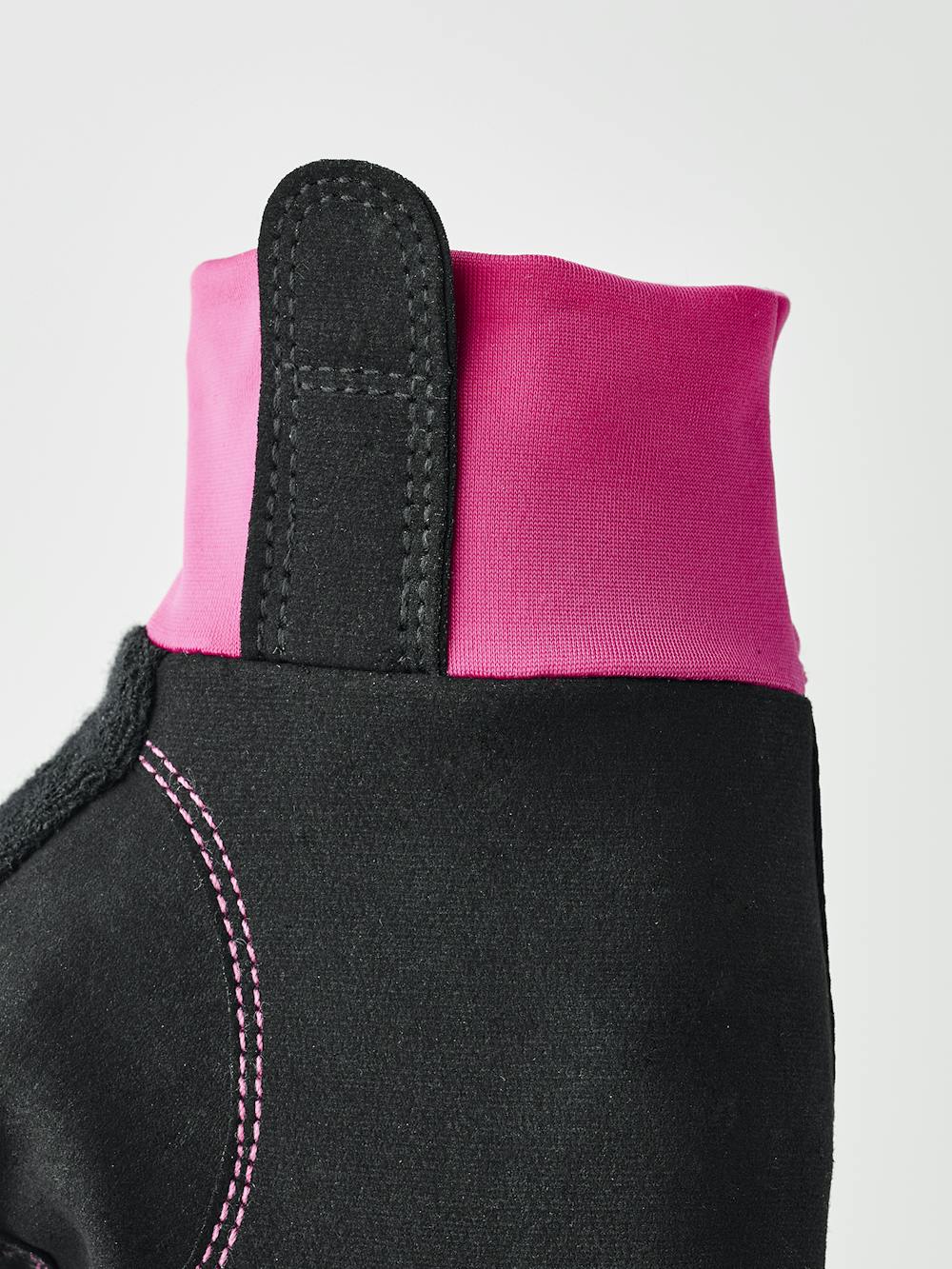 Rosa-schwarzer Fahrradhandschuh mit Lycra an der Oberhand und schwarzem synthetischem Wildleder an der Innenhand (5 oder 5)