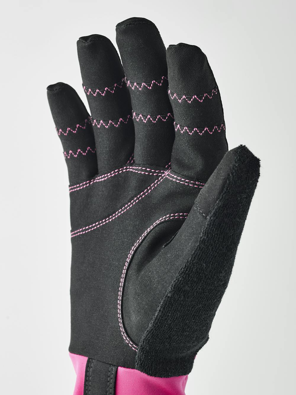 Rosa-schwarzer Fahrradhandschuh mit Lycra an der Oberhand und schwarzem synthetischem Wildleder an der Innenhand (3 oder 5)