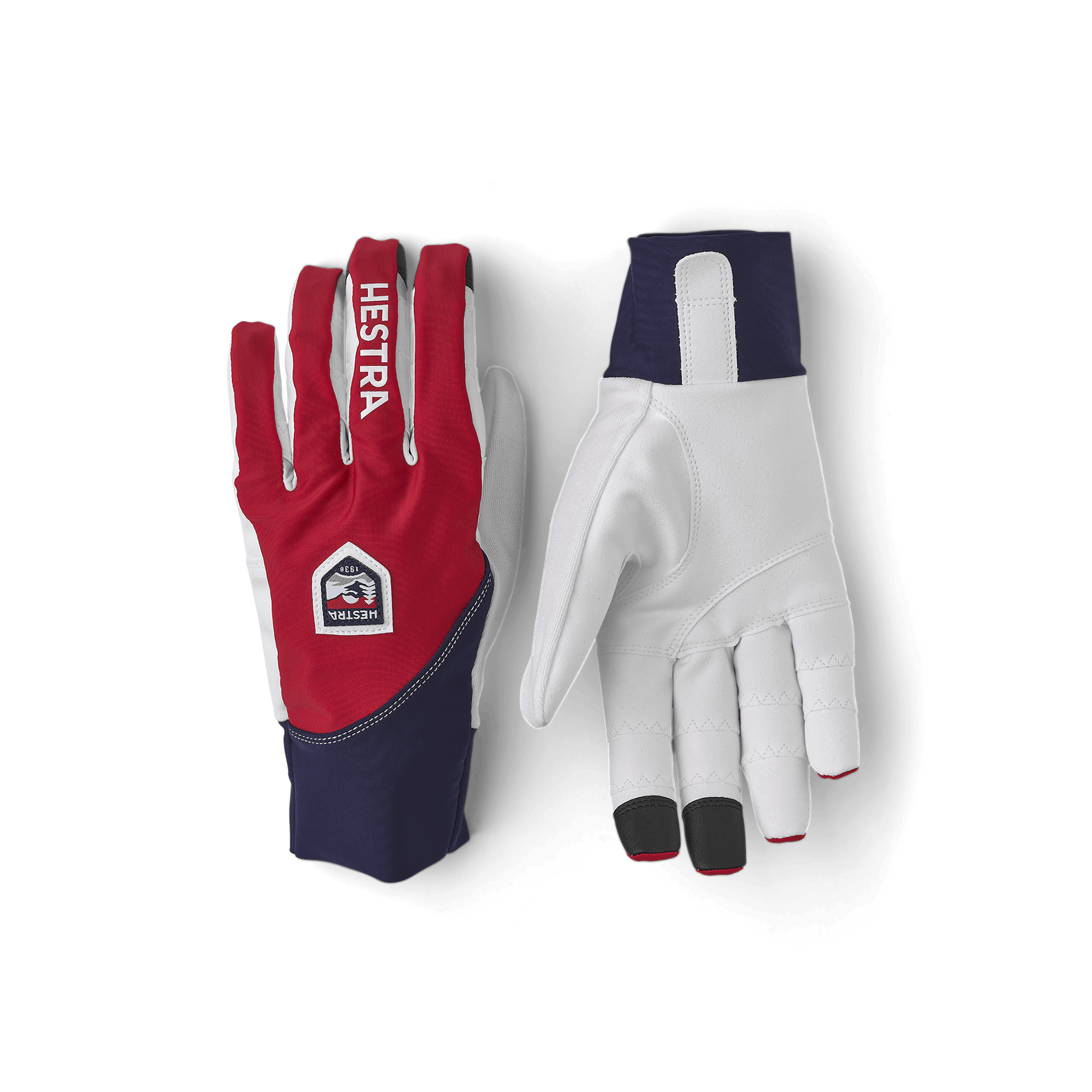 Röd och blå cykelhandske med lycra på bakhanden och vit syntetisk mocka i innerhanden
(1 av 5)