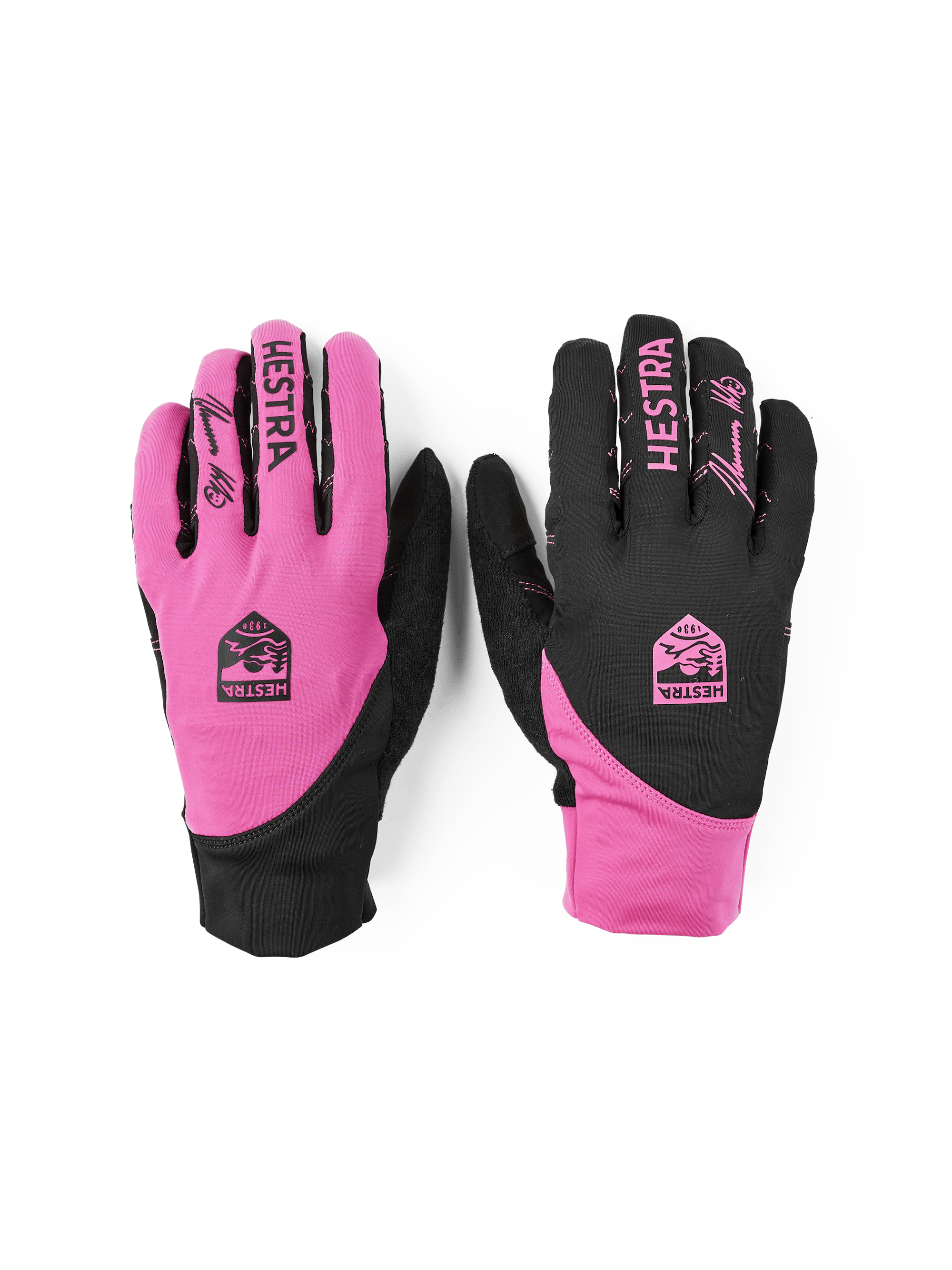 Rosa-schwarzer Fahrradhandschuh mit Lycra an der Oberhand und schwarzem synthetischem Wildleder an der Innenhand (1 oder 5)