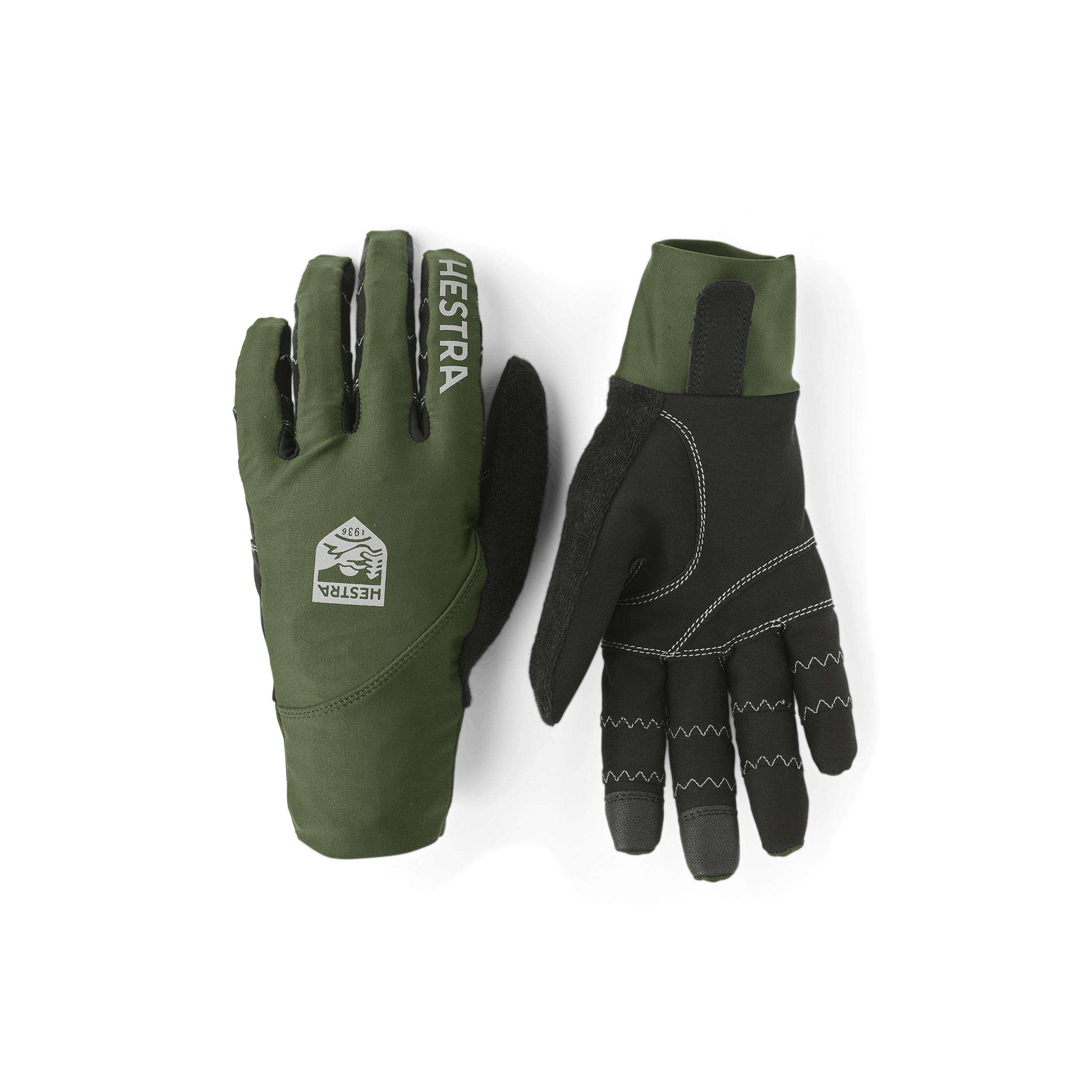 Mossgrön cykelhandske med lycra på bakhanden och svart syntetisk mocka i innerhanden 
 (1 av 9)