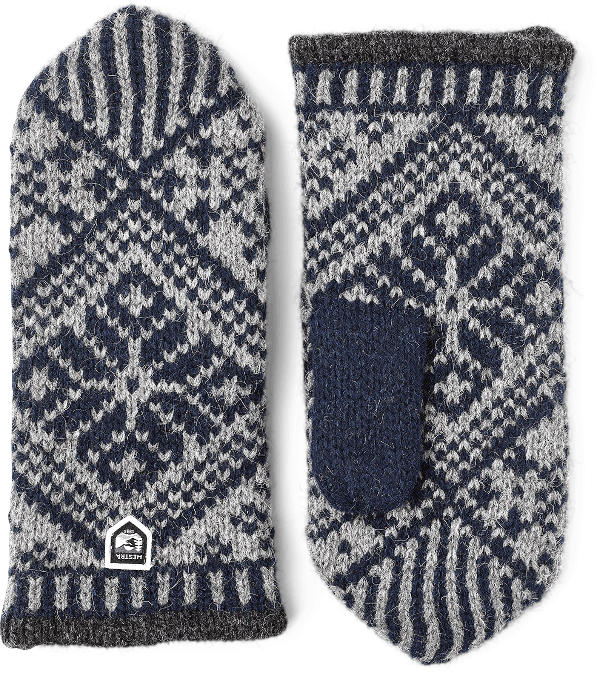 Mörkblå och grå stickad tumvante i shetlandsull
 (1 av 2)