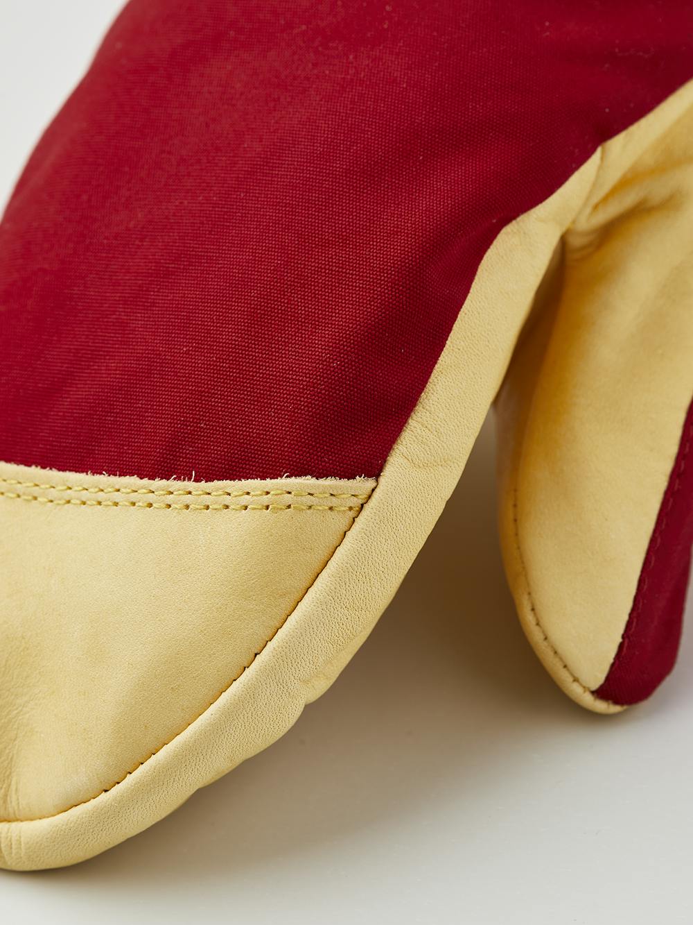 Red fabric mitten with light yellow cow hide palm (5 of 6)