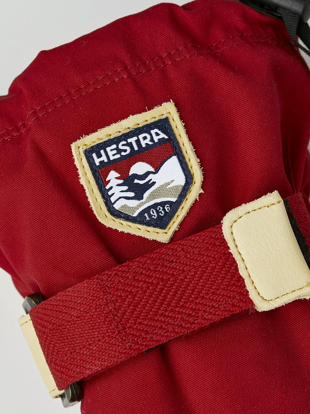 Red fabric mitten with light yellow cow hide palm (3 of 6)