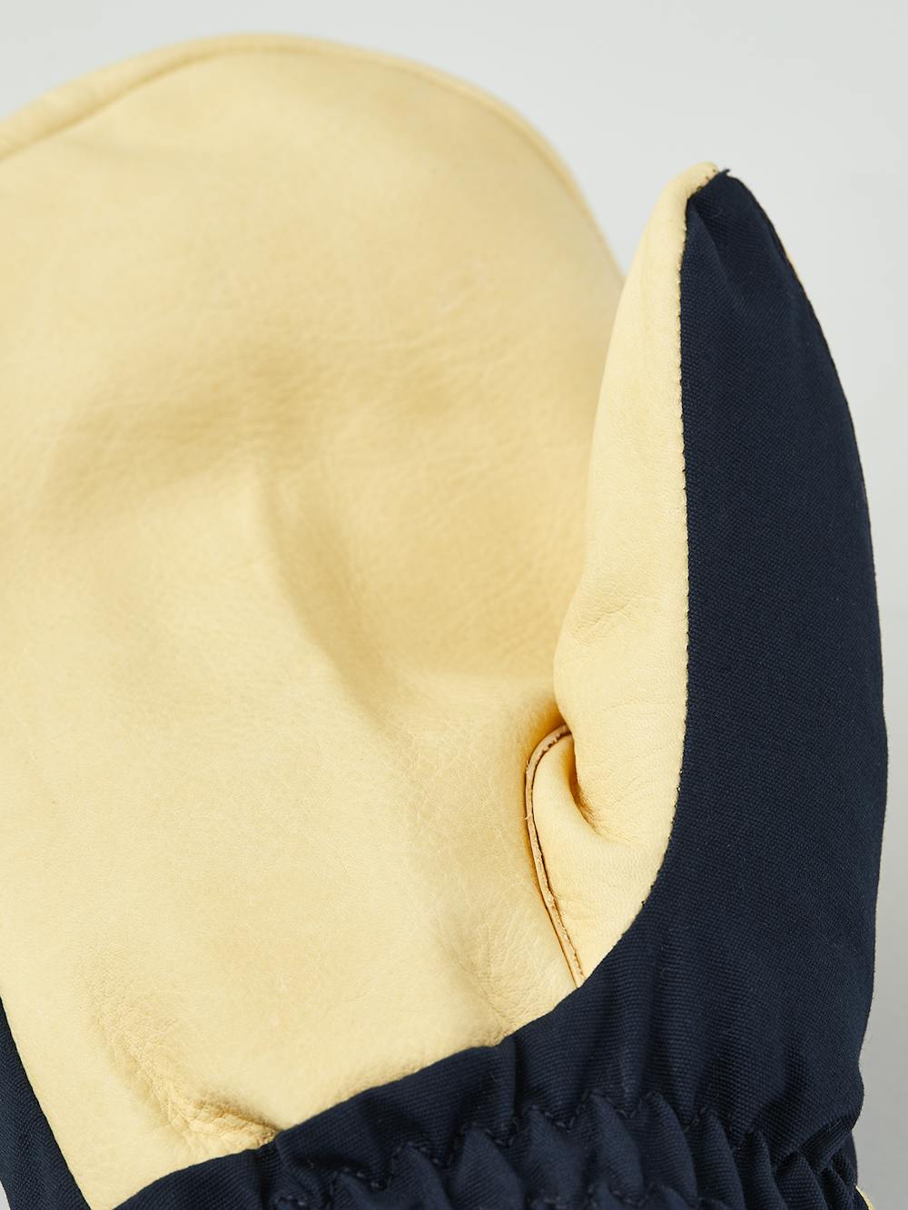 Dark blue fabric mitten with light yellow cow hide palm  (6 of 8)