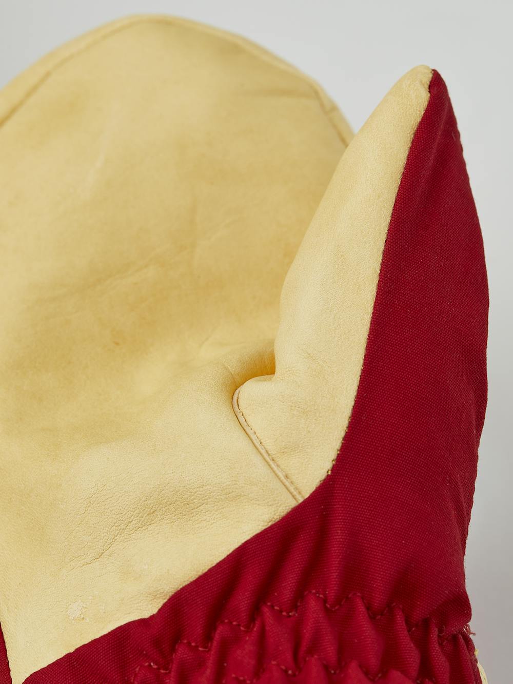 Red fabric mitten with light yellow cow hide palm  (4 of 6)