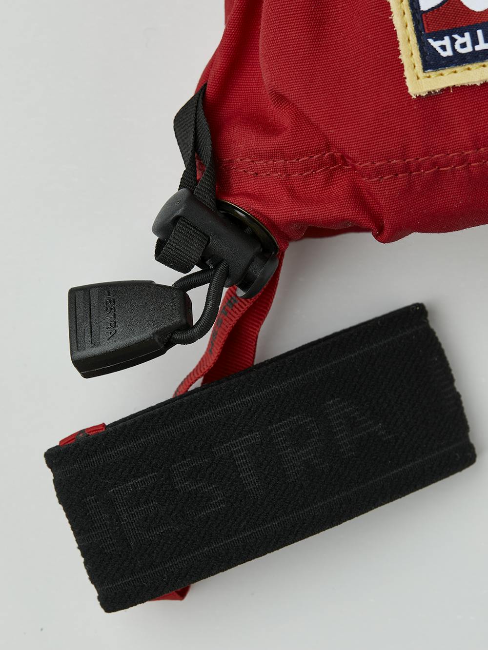 Red fabric mitten with light yellow cow hide palm (2 of 6)