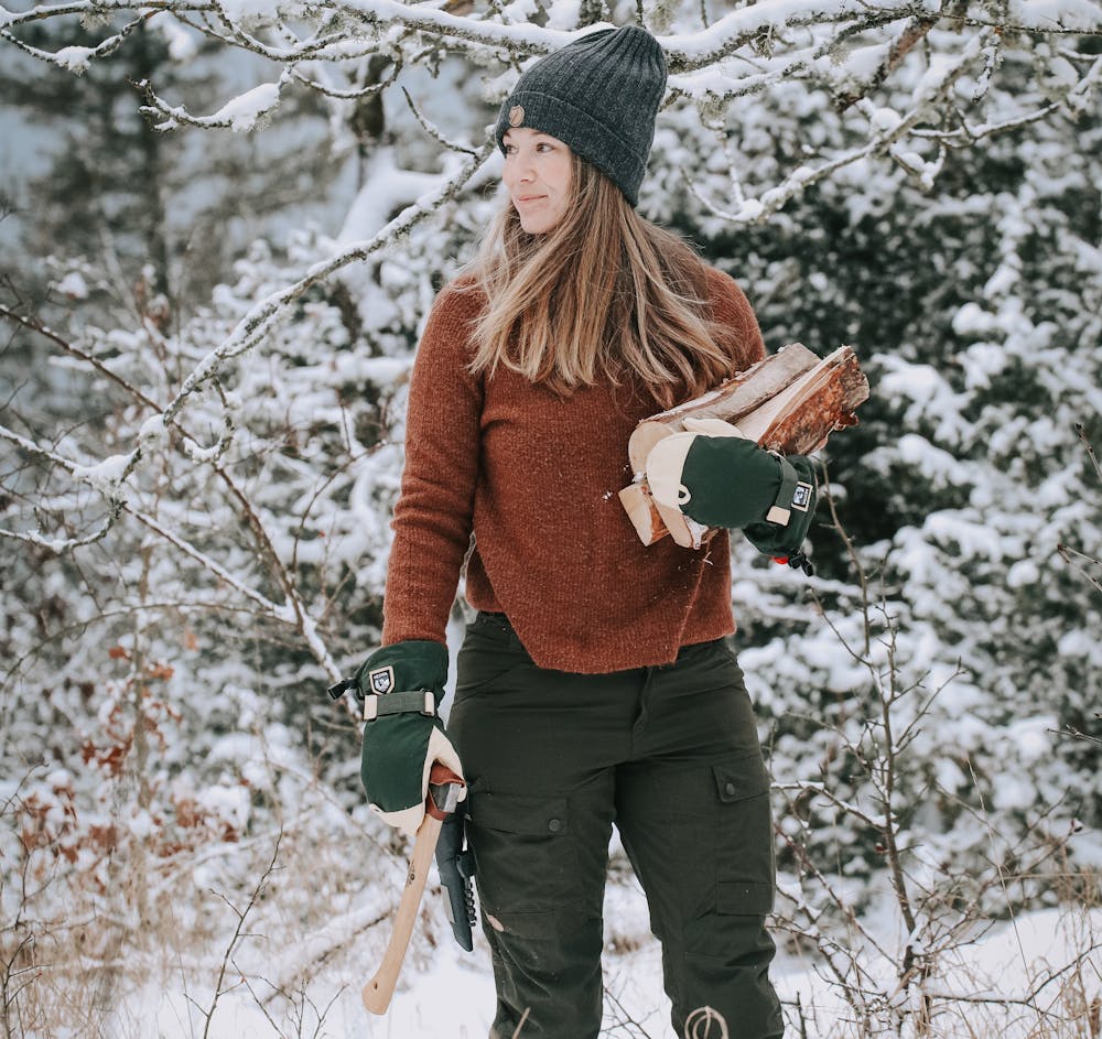 Dunkelgrüner Fausthandschuh aus Stoff mit hellgelbem Rindsleder  (8 oder 9)
