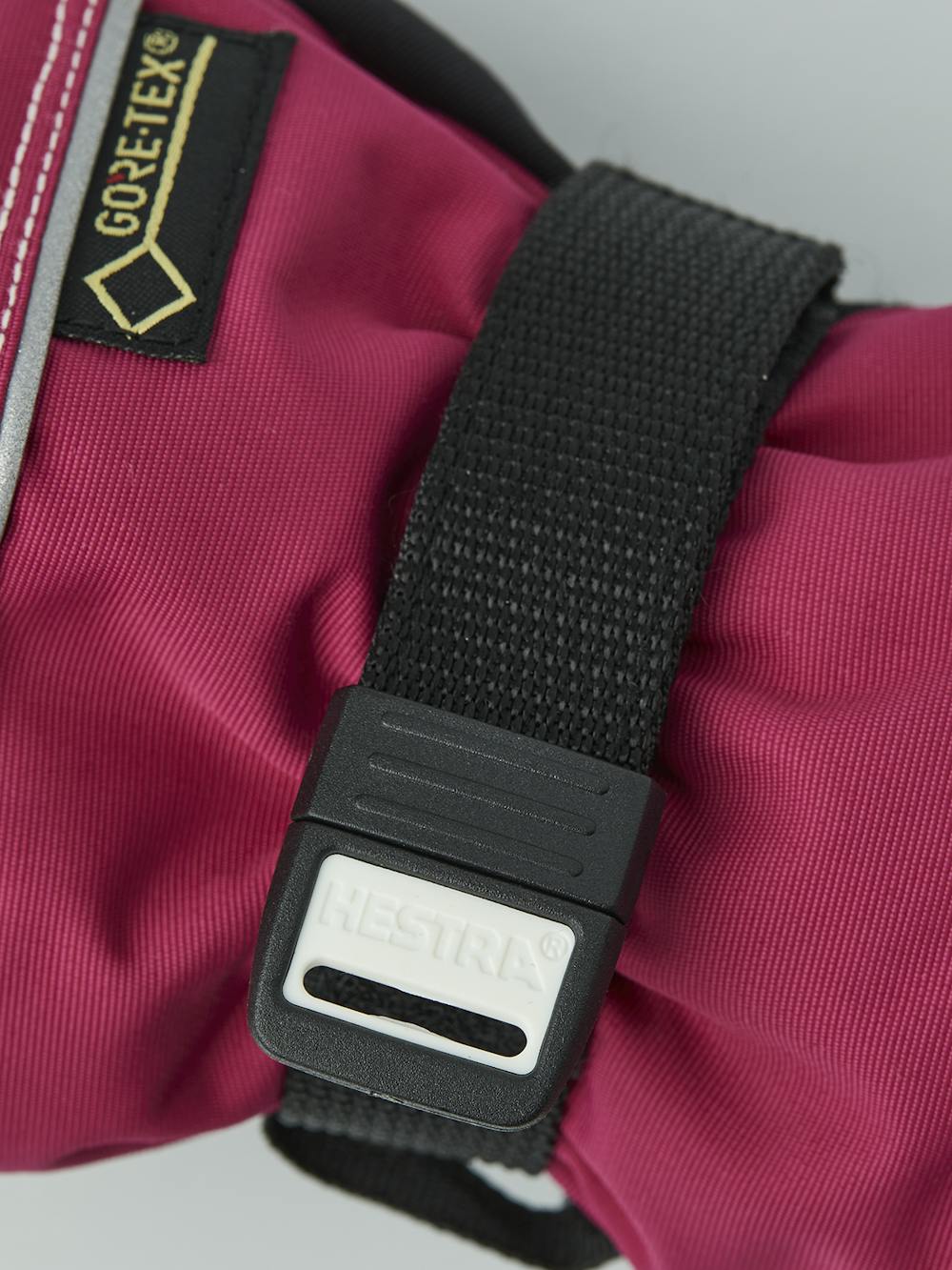 Pink and purple fabric mitten with black synthetic palm and wrist adjustment (4 of 5)