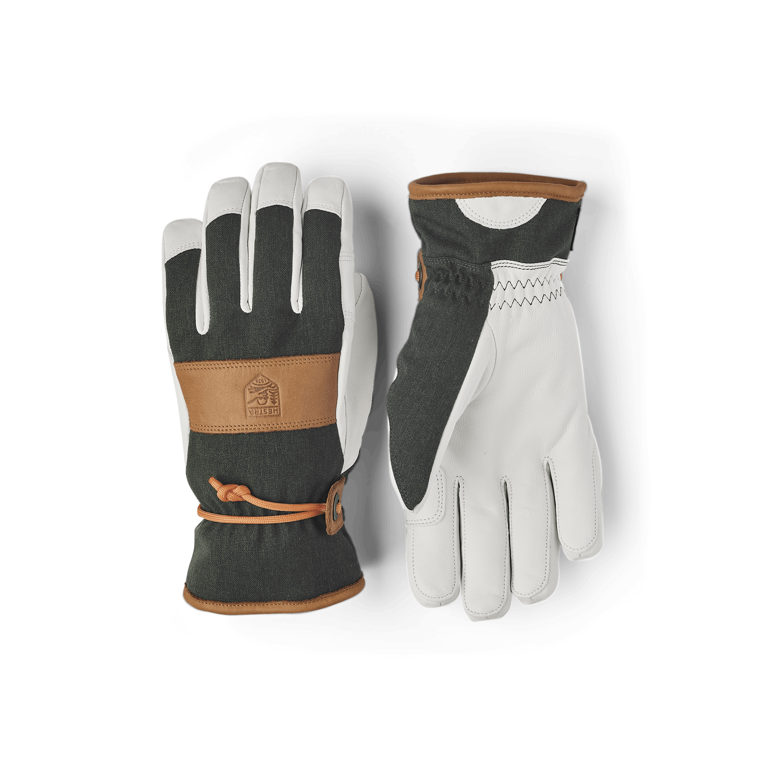 Dunkelgrüner Skihandschuh mit weißem Ziegenleder an der Innenhand und Handgelenkschlaufe (1 oder 11)