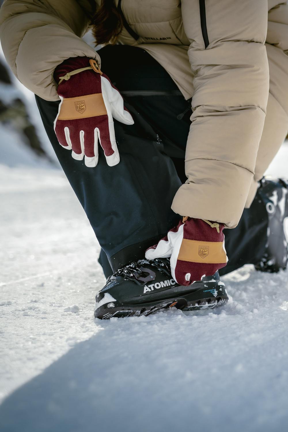 Wine red ski glove with white goat leather palm and wrist strap  (8 of 9)