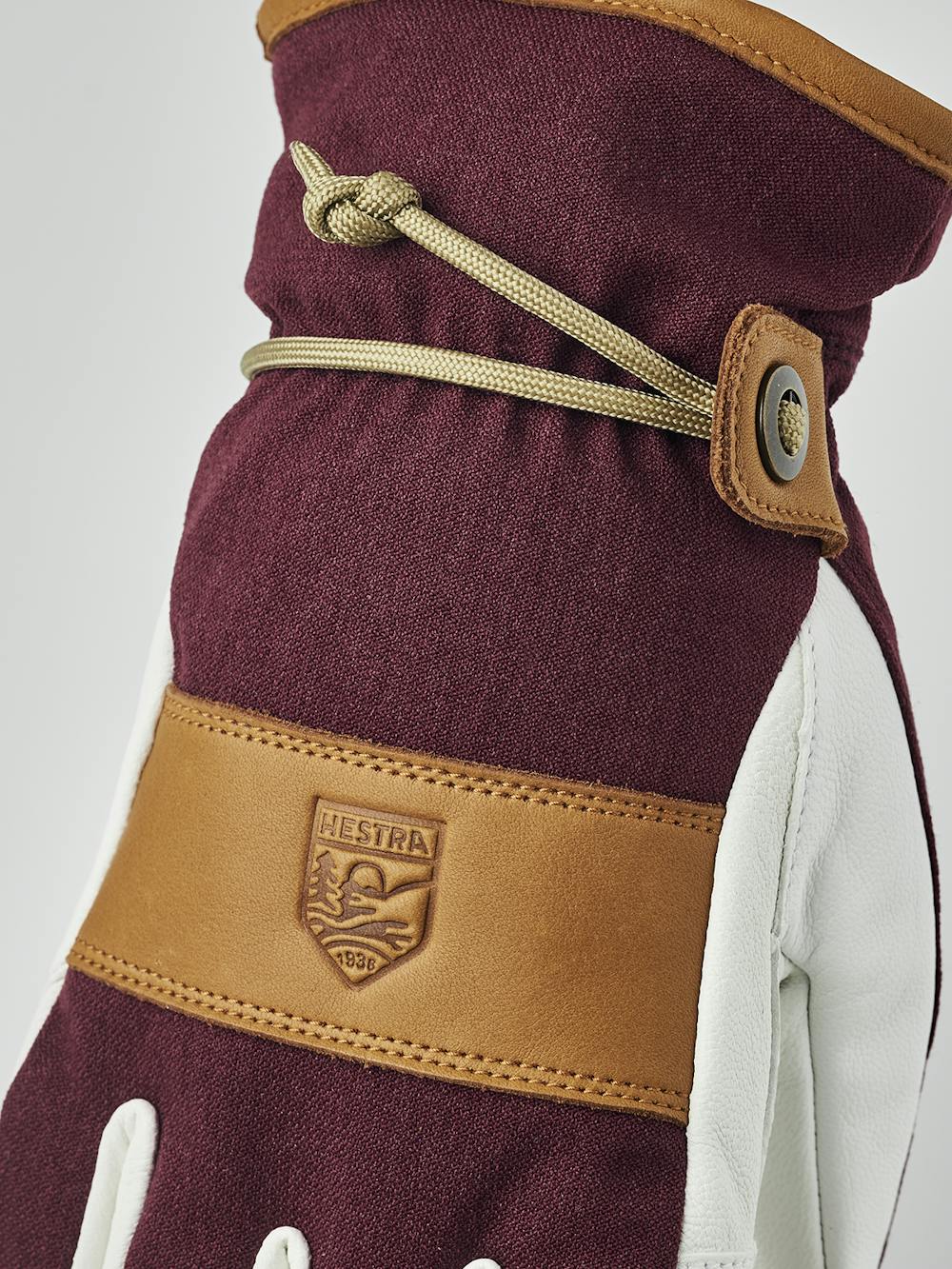 Wine red ski glove with white goat leather palm and wrist strap  (7 of 9)