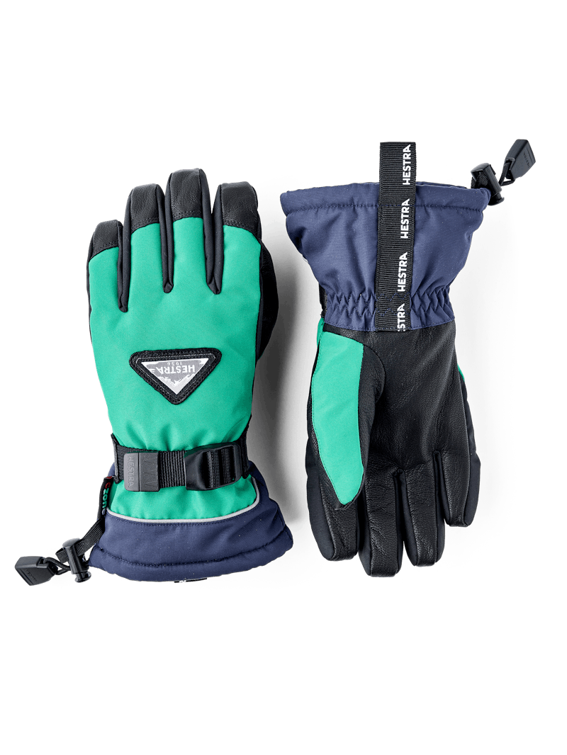 Turquoise children’s glove with black goat leather palm and wrist adjustment  (1 of 6)