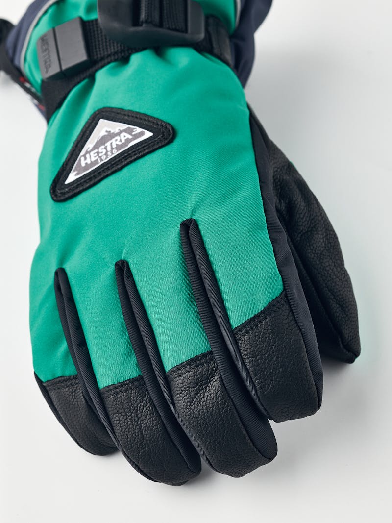 Turquoise children’s glove with black goat leather palm and wrist adjustment  (2 of 6)
