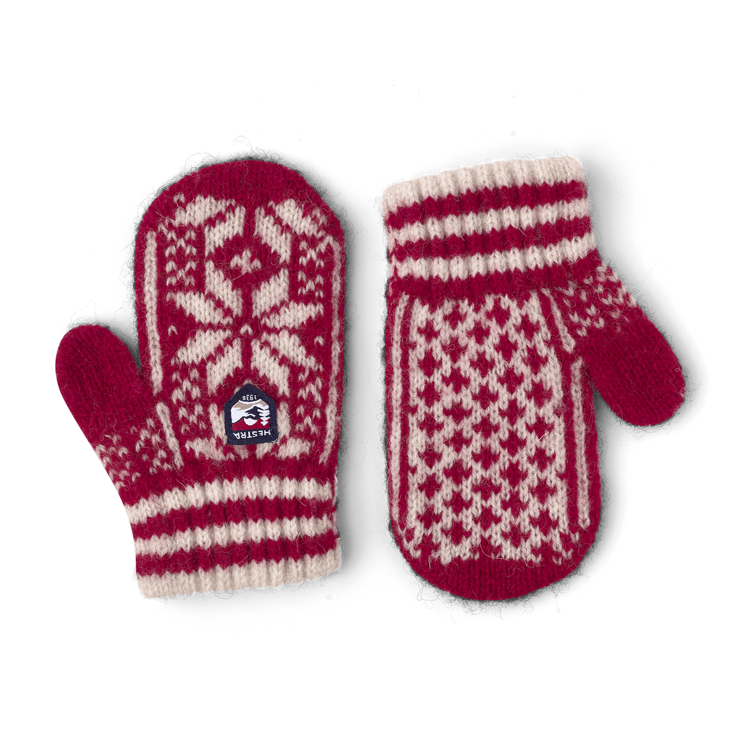 Röd och vit stickad tumhandske i ullmix
 (1 av 2)