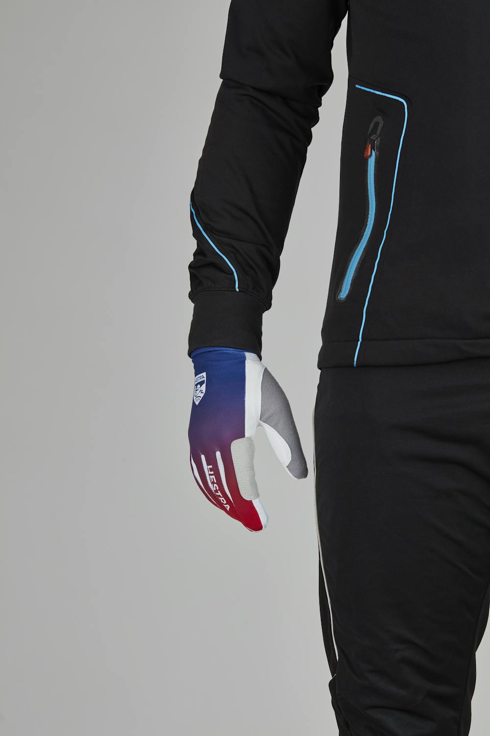 Blue and red fabric cross-country ski glove with white synthetic suede palm (6 of 7)