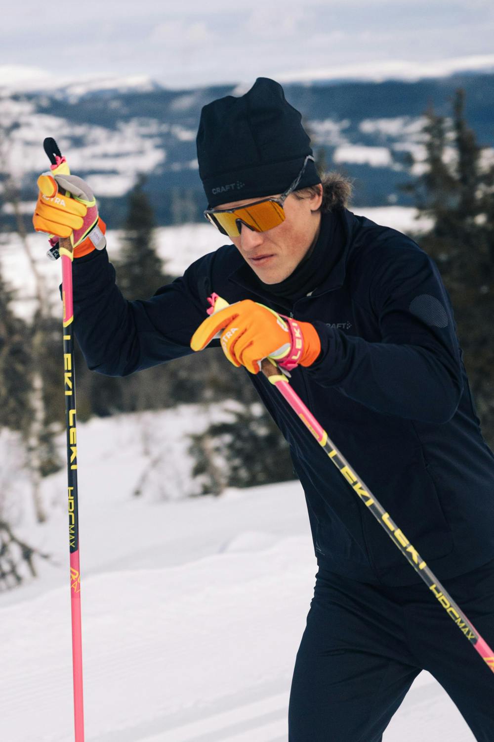 Orange and yellow fabric cross-country ski glove with gray synthetic suede palm (7 of 9)