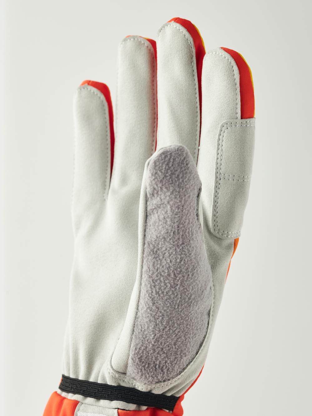 Orange and yellow fabric cross-country ski glove with gray synthetic suede palm (3 of 9)