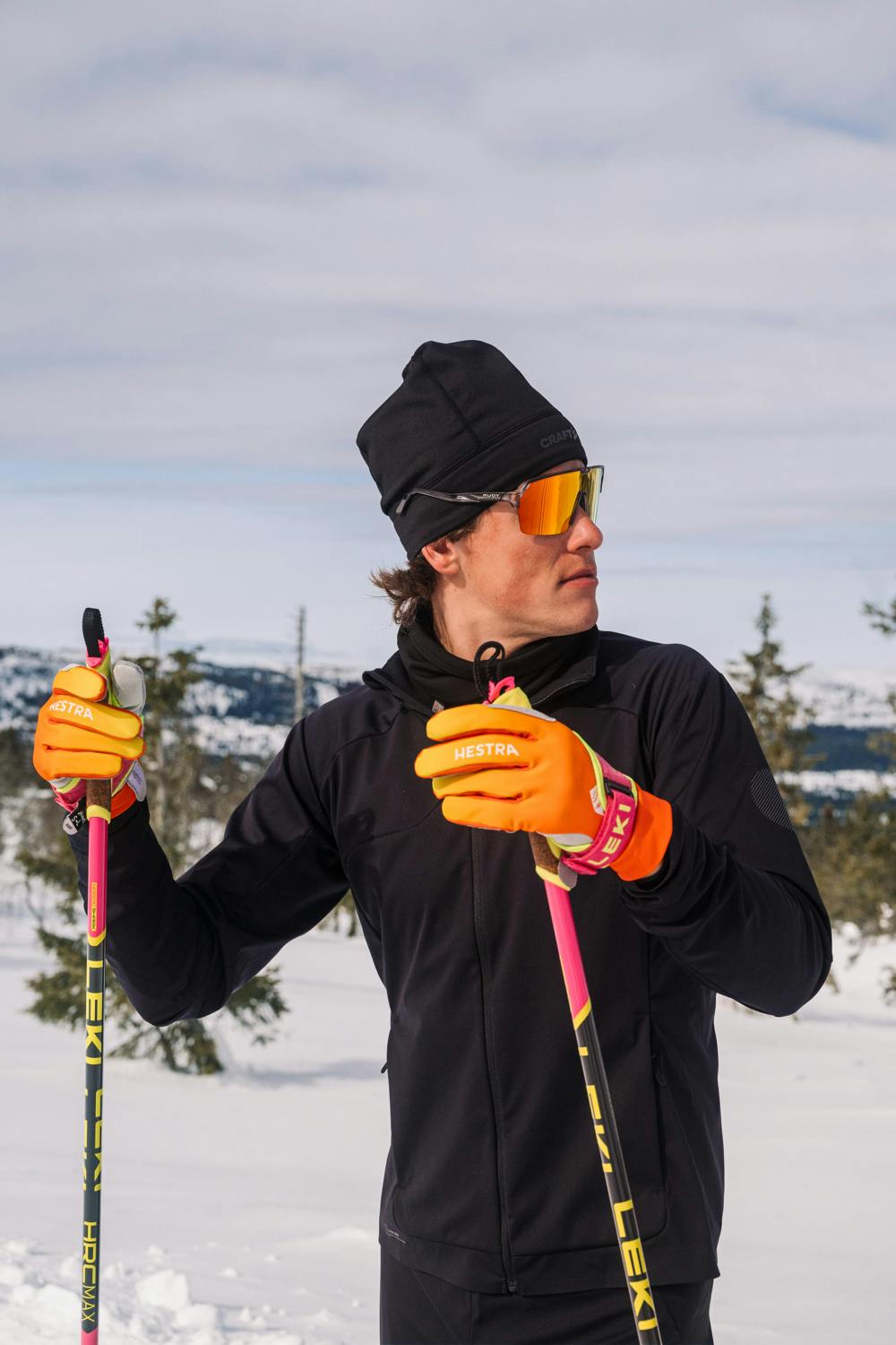 Orange and yellow fabric cross-country ski glove with gray synthetic suede palm (8 of 9)