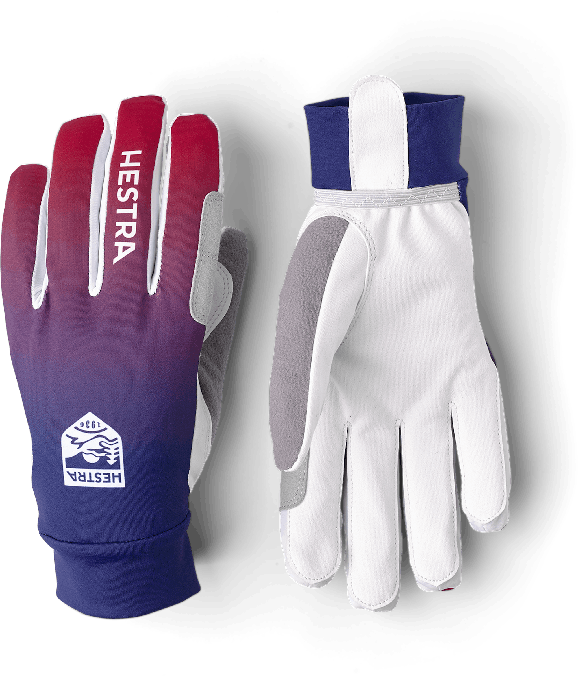 Blue and red fabric cross-country ski glove with white synthetic suede palm (1 of 7)