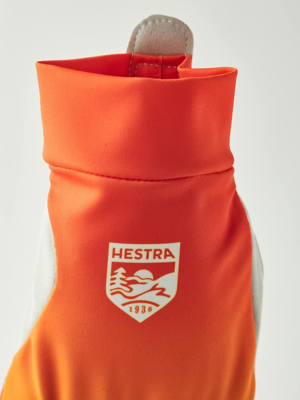 Orange and yellow fabric cross-country ski glove with gray synthetic suede palm (5 of 9)