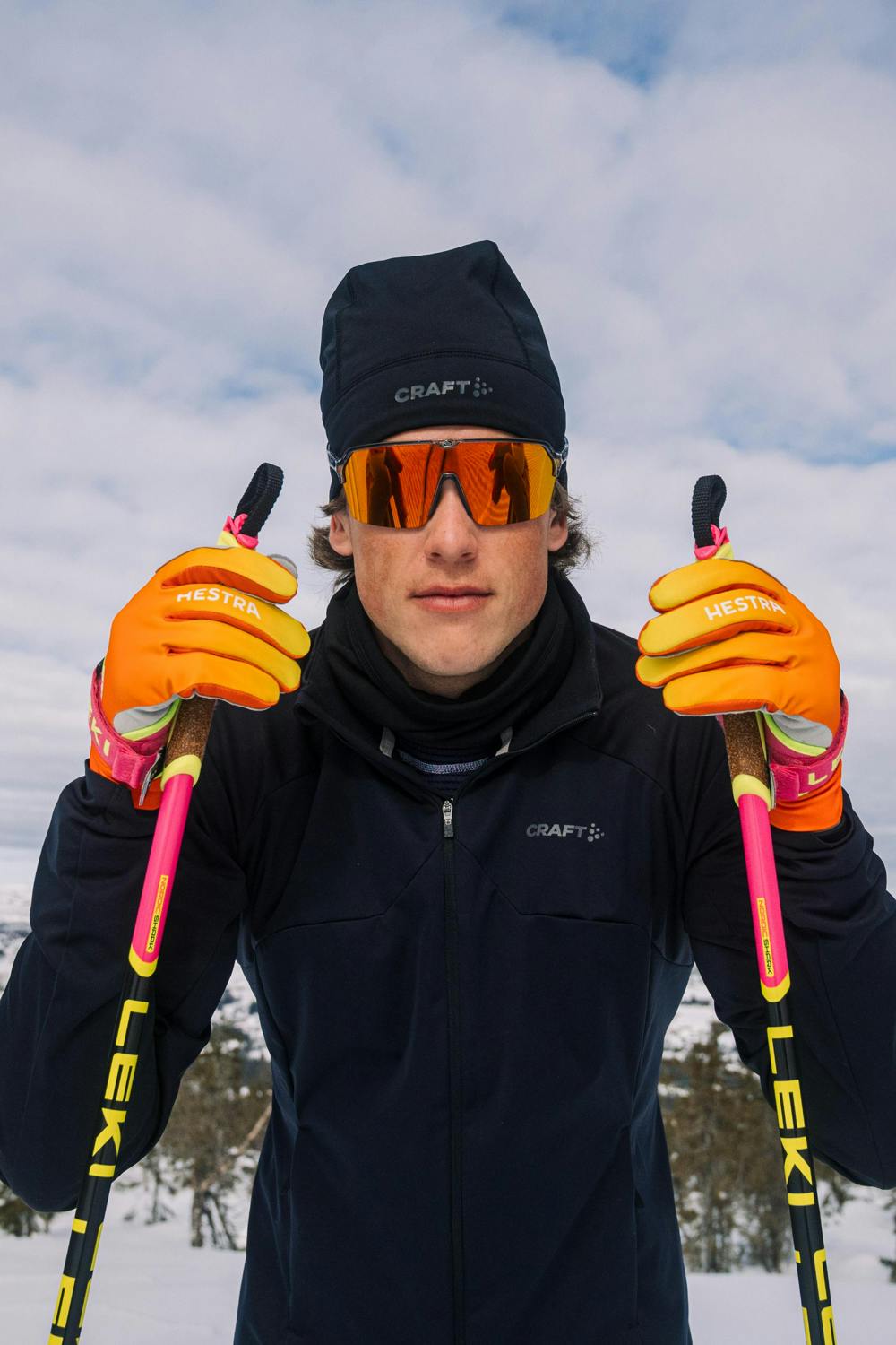 Orange and yellow fabric cross-country ski glove with gray synthetic suede palm (6 of 9)