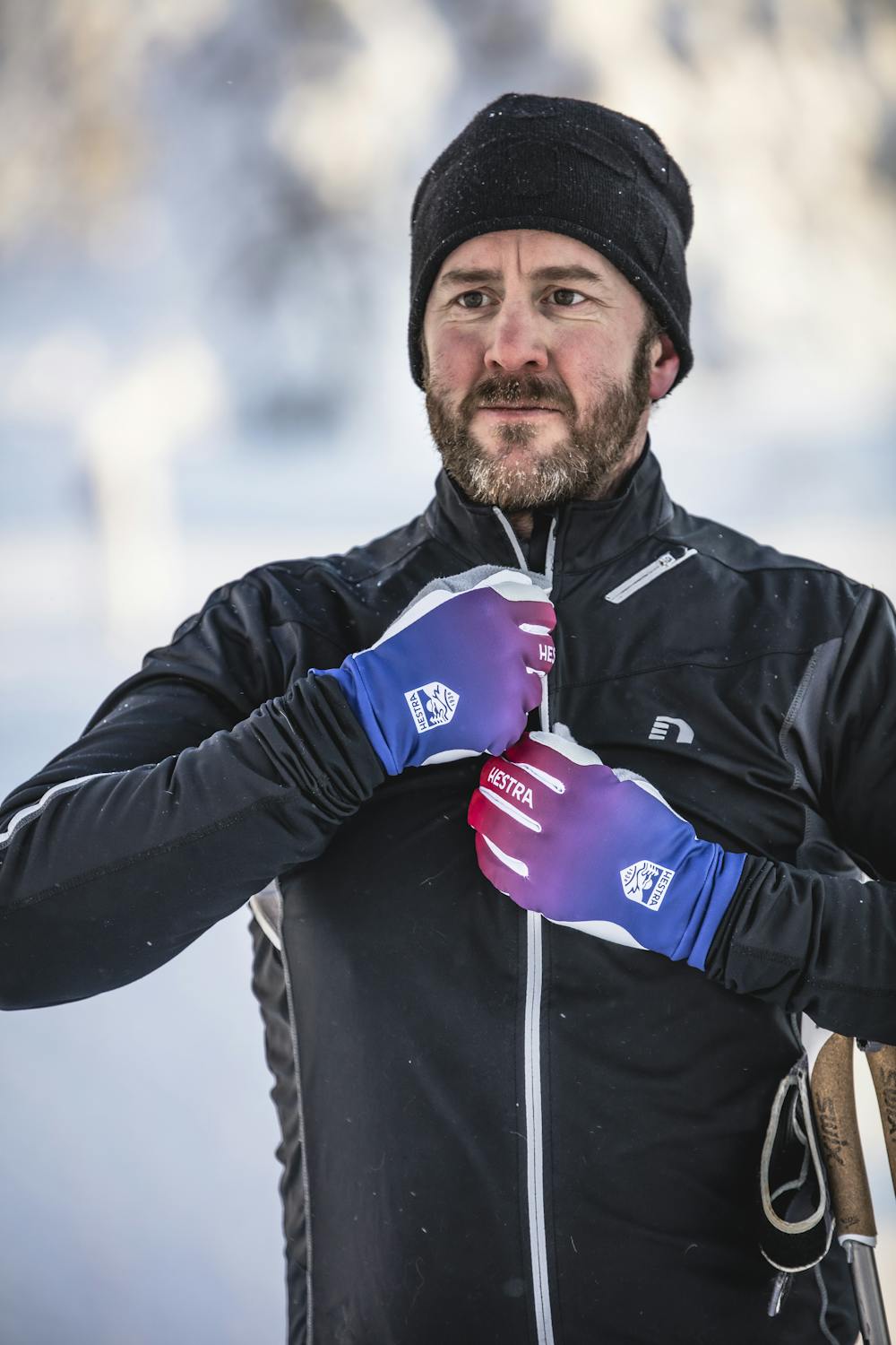 Blue and red fabric cross-country ski glove with white synthetic suede palm (7 of 7)