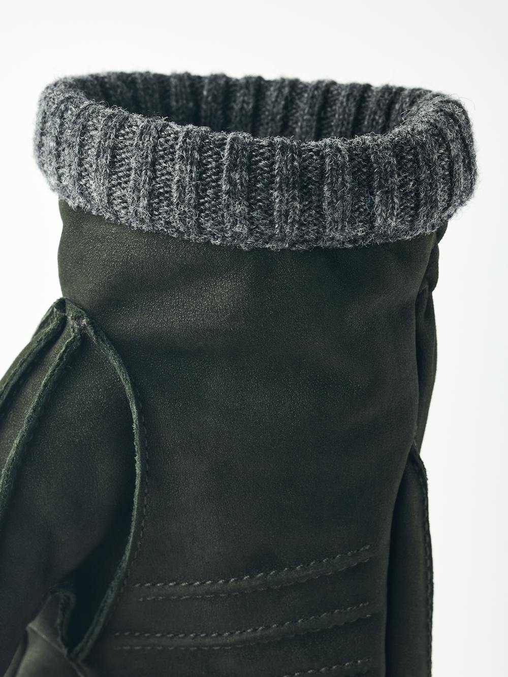 Dark green machine-sewn goat suede glove with gray knitted cuff
 (5 of 5)