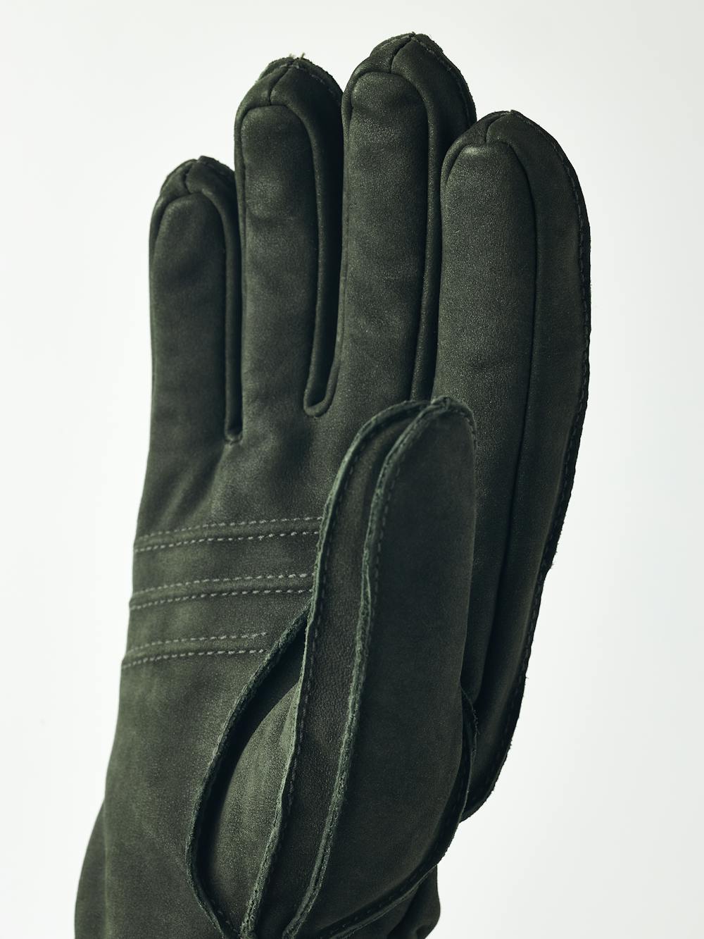 Dark green machine-sewn goat suede glove with gray knitted cuff
 (3 of 5)