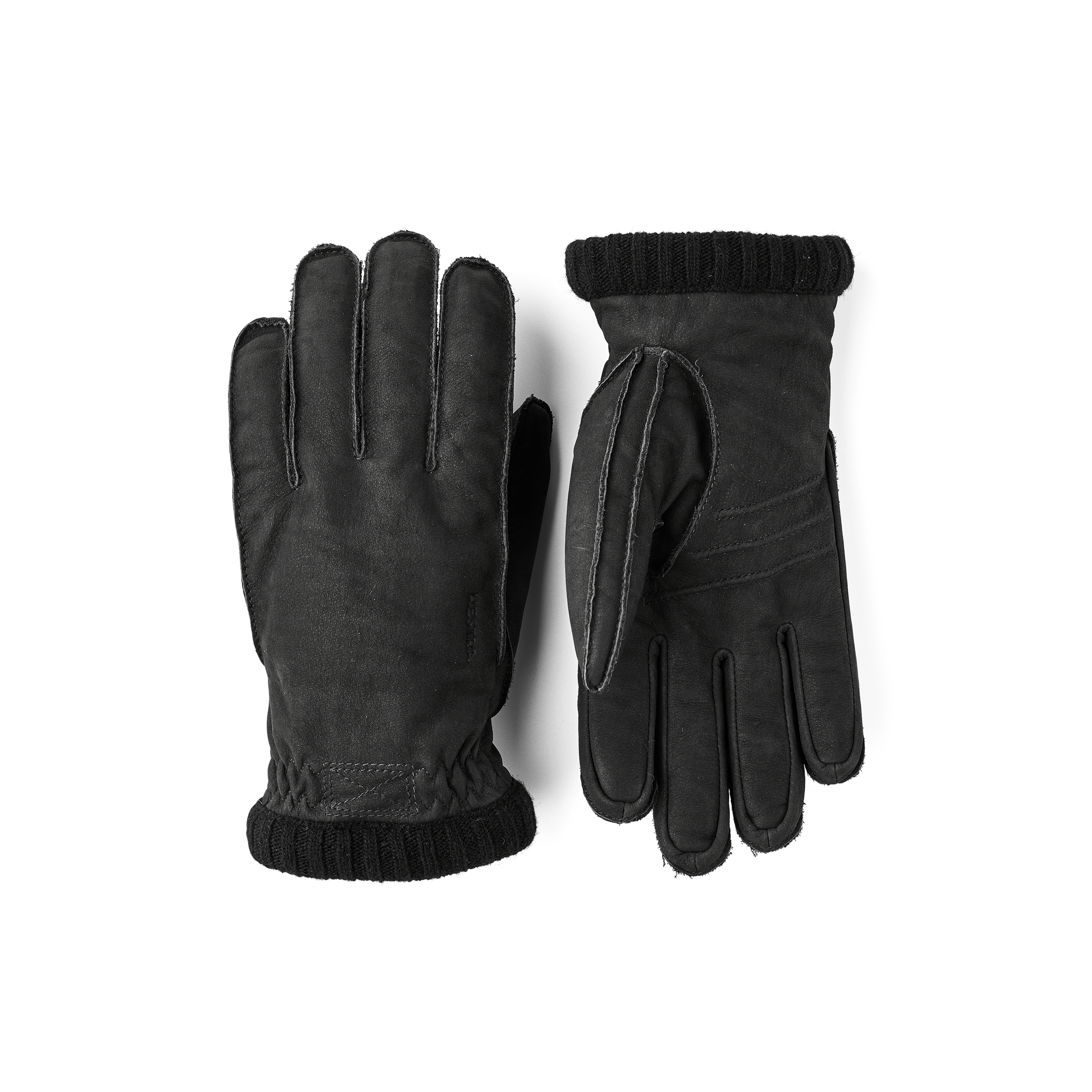 Schwarzer maschinengenähter Handschuh aus Ziegenveloursleder mit Strickbündchen
 (1 oder 5)