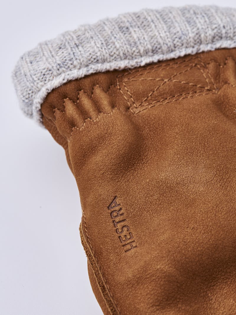 Light brown machine-sewn goat suede glove with light beige knitted cuff
 (2 of 4)