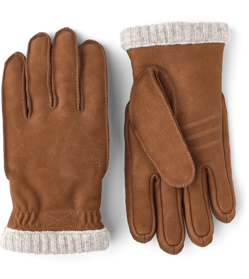Light brown machine-sewn goat suede glove with light beige knitted cuff
 (1 of 4)