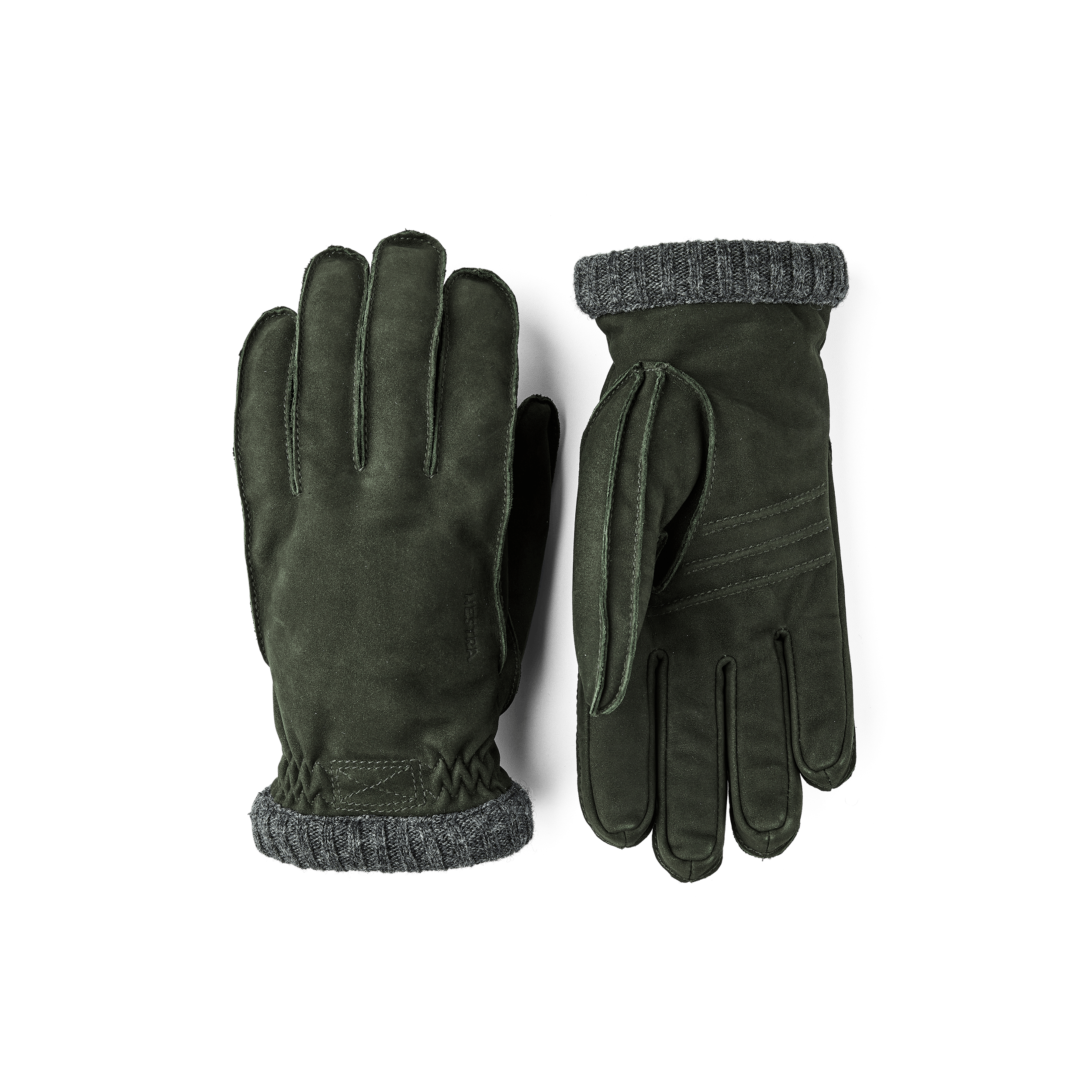 Dark green machine-sewn goat suede glove with gray knitted cuff
(1 of 5)