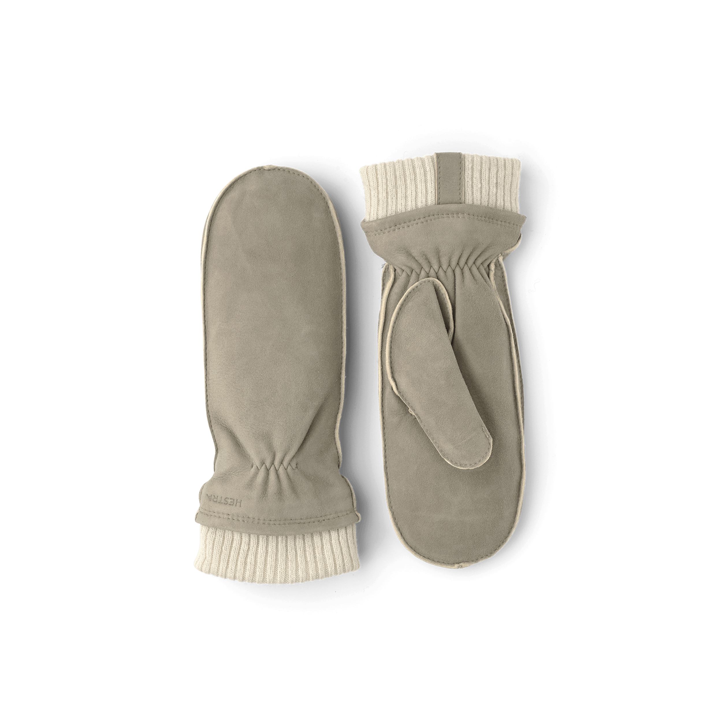 Beige-gray machine-sewn suede mitten with light beige knitted cuff
(1 of 4)